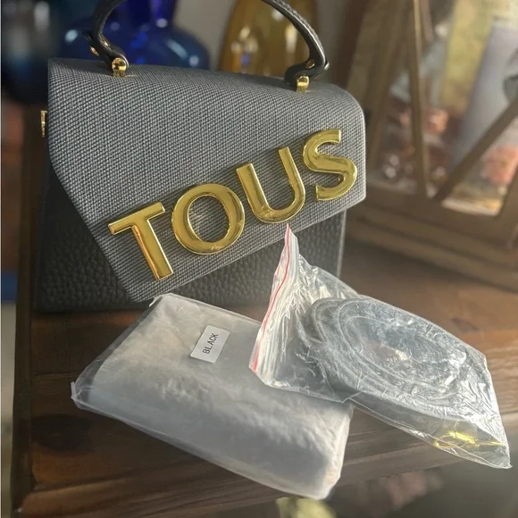 TOUS MINI TOP HANDLE CROSSBODY PURSE LUXURY BLACK AND GRAY FAUX LEATHER - Picture 2 of 12